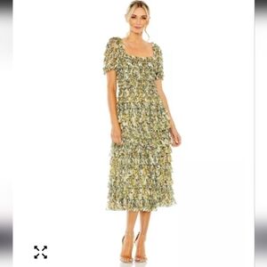 Mac Duggal Ruffled Floral Midi Dress - Green and Yellow